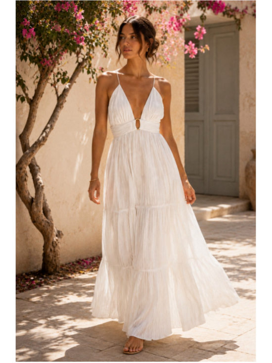 ba&sh Dresses & Skirts - ba&sh Wasta Tiered Pleated Maxi Dress White Bridal Open Back Gold Ring NWOT Sm